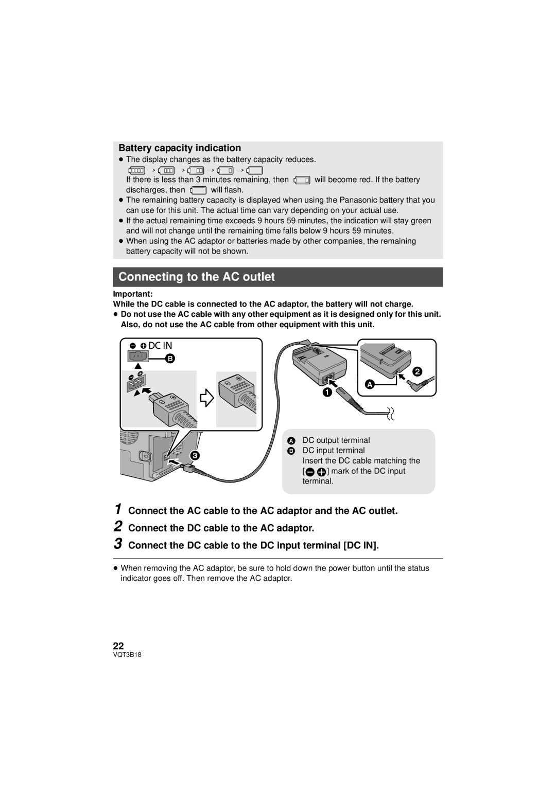 Panasonic HDC-SDT750PP, HDC-SDT750K operating instructions Connecting to the AC outlet, Battery capacity indication 