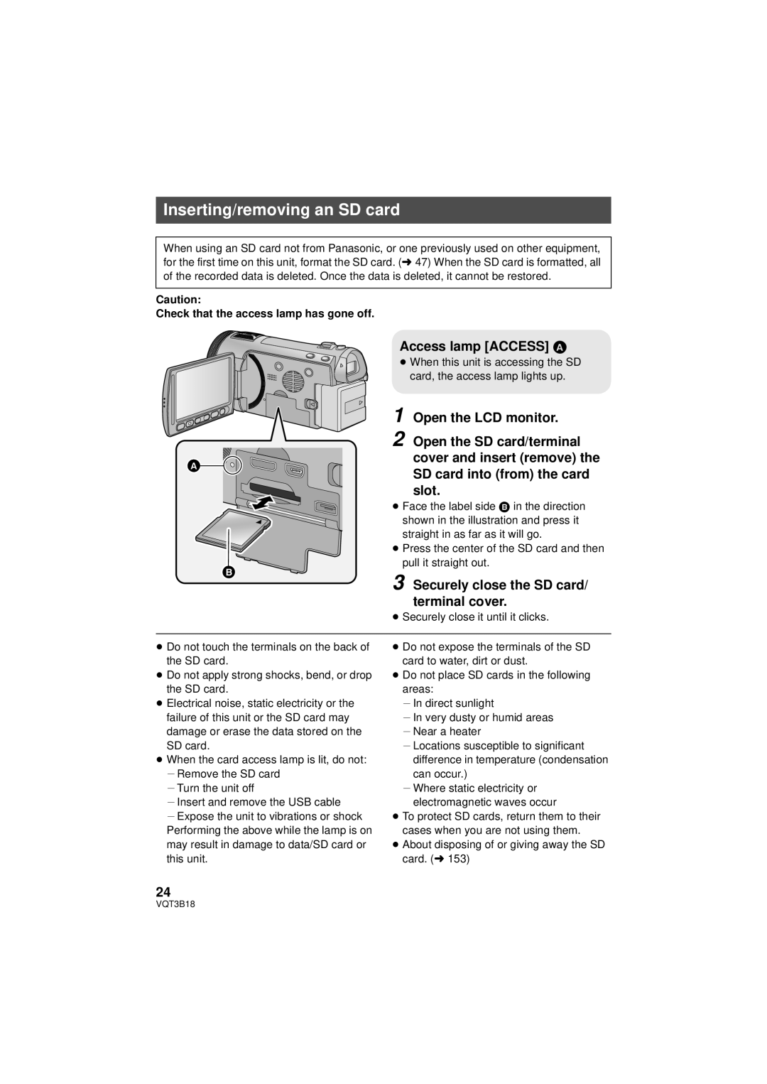 Panasonic HDC-SDT750PP Inserting/removing an SD card, Access lamp Access a, Securely close the SD card/ terminal cover 