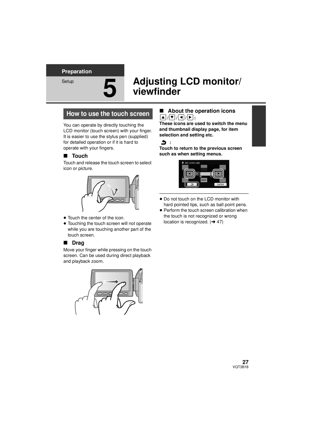 Panasonic HDC-SDT750K, HDC-SDT750PP operating instructions Adjusting LCD monitor, Viewfinder, How to use the touch screen 