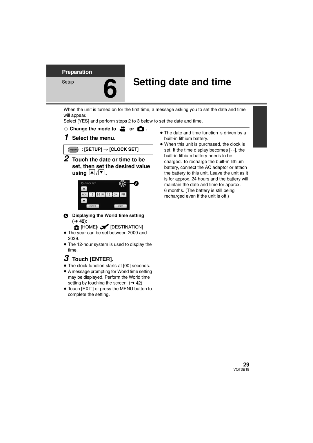 Panasonic HDC-SDT750K, HDC-SDT750PP Setting date and time, Select the menu, Touch Enter, Setup # Clock SET 