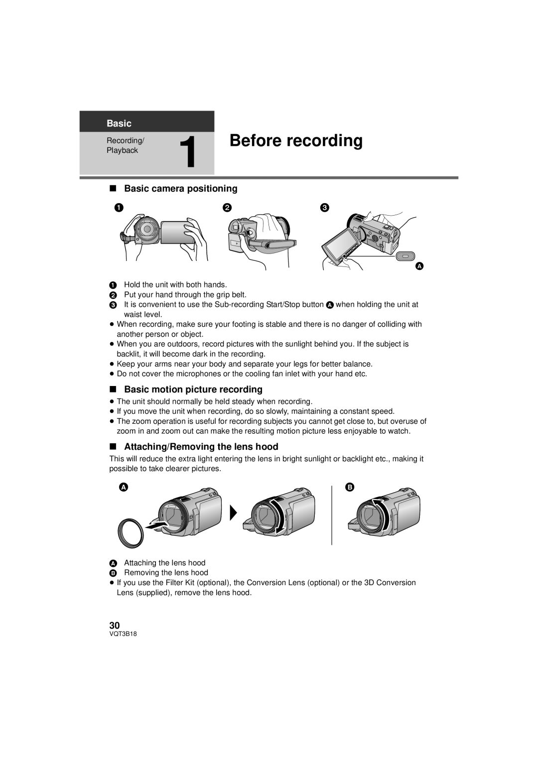 Panasonic HDC-SDT750PP Before recording, Basic camera positioning, Basic motion picture recording, Playback Recording 