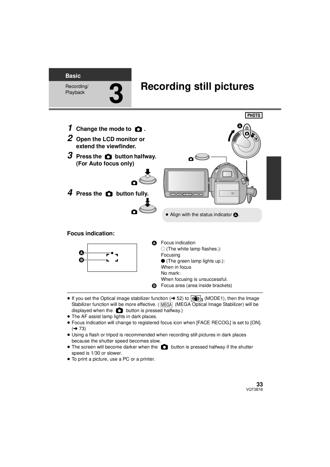 Panasonic HDC-SDT750K, HDC-SDT750PP operating instructions Recording still pictures, Focus indication 