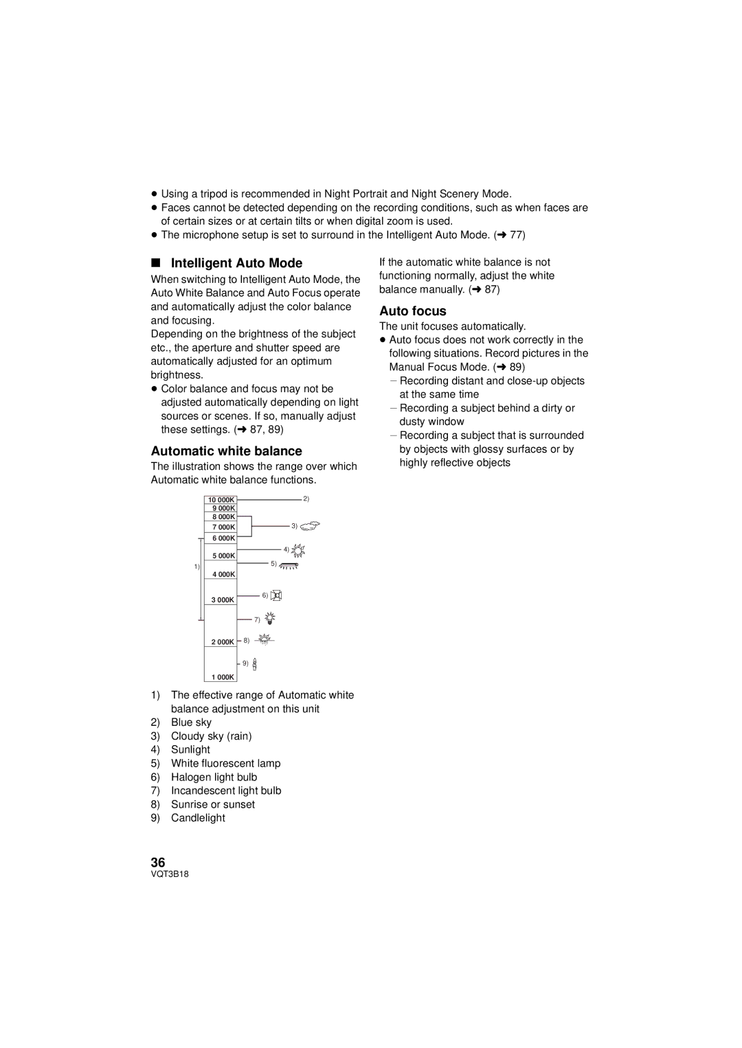 Panasonic HDC-SDT750PP, HDC-SDT750K operating instructions Intelligent Auto Mode, Automatic white balance, Auto focus 