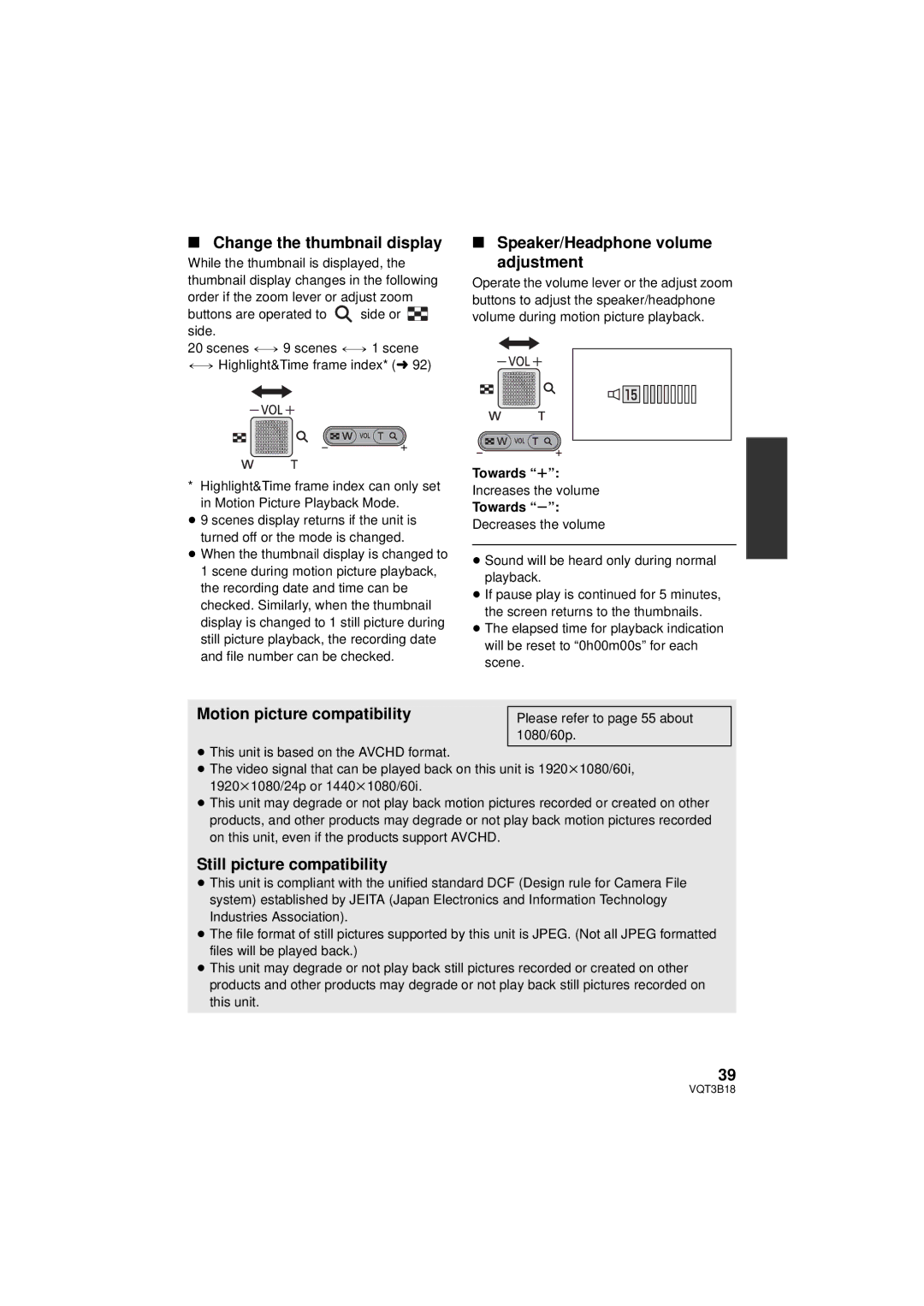 Panasonic HDC-SDT750K Change the thumbnail display, Speaker/Headphone volume adjustment, Motion picture compatibility 