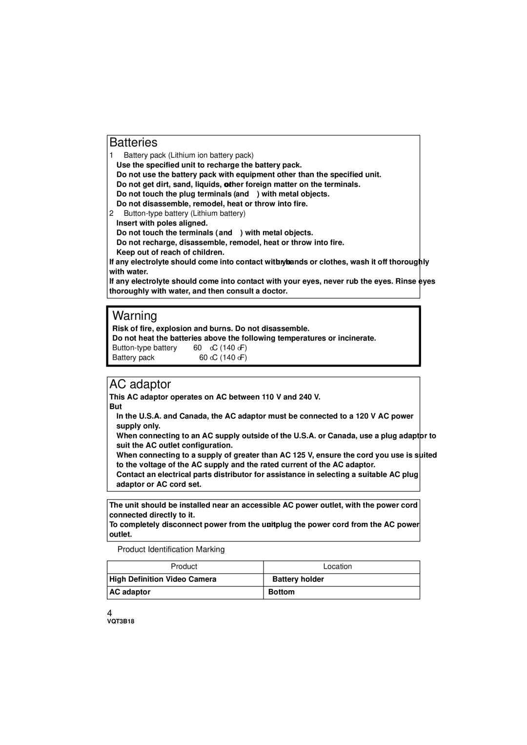 Panasonic HDC-SDT750PP, HDC-SDT750K operating instructions Product Identification Marking 