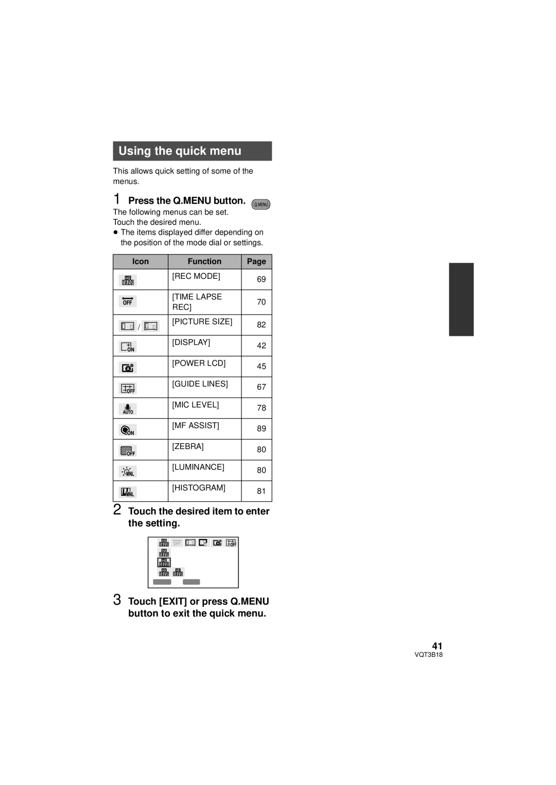 Panasonic HDC-SDT750K Using the quick menu, Press the Q.MENU button, Touch the desired item to enter the setting 