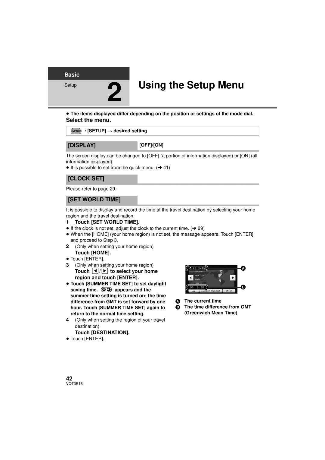 Panasonic HDC-SDT750PP, HDC-SDT750K operating instructions Using the Setup Menu, Displayoff/On, Clock SET, SET World Time 