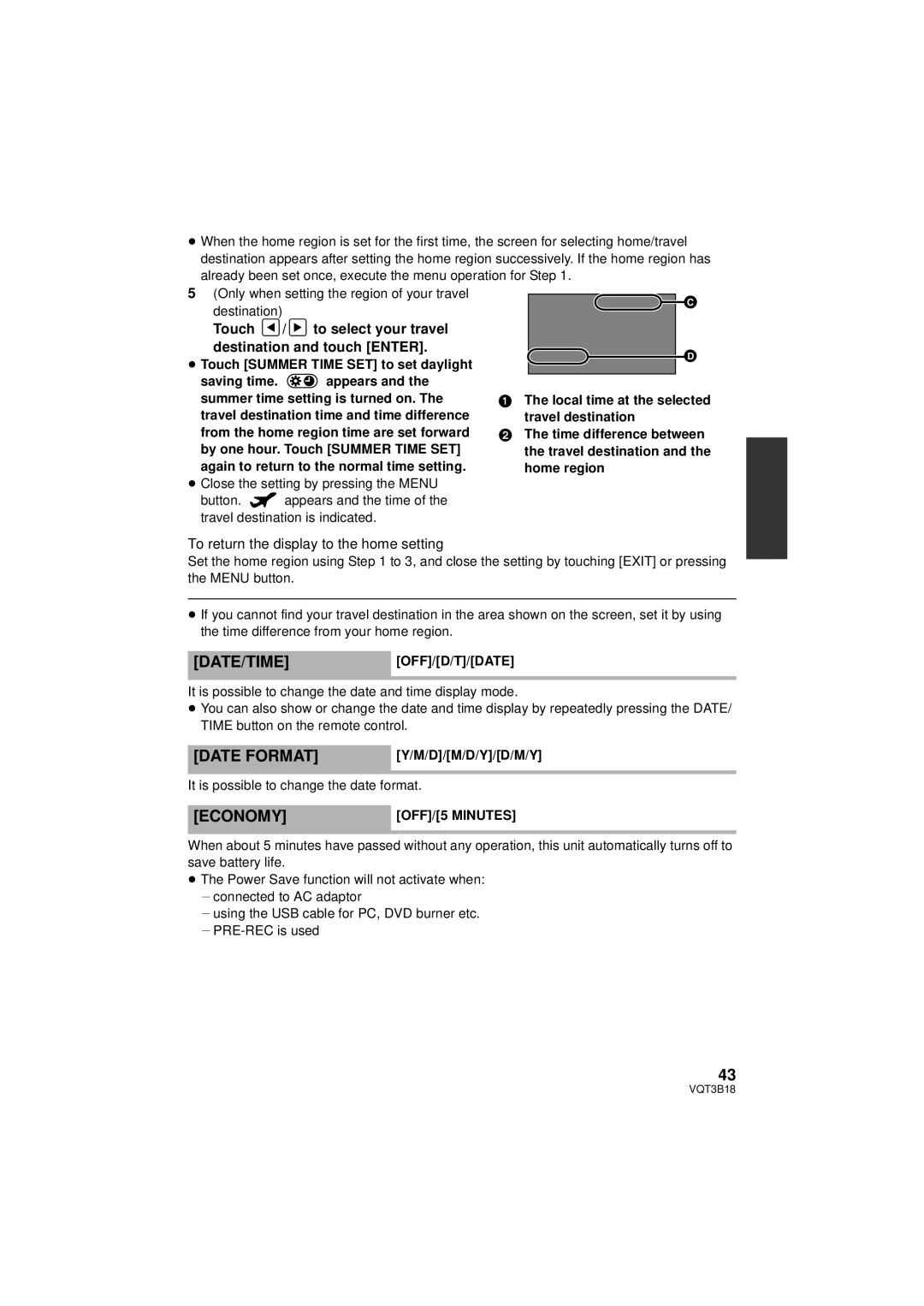 Panasonic HDC-SDT750K Date Format, Economy, Touch To select your travel Destination and touch Enter, Date/Timeoff/D/T/Date 