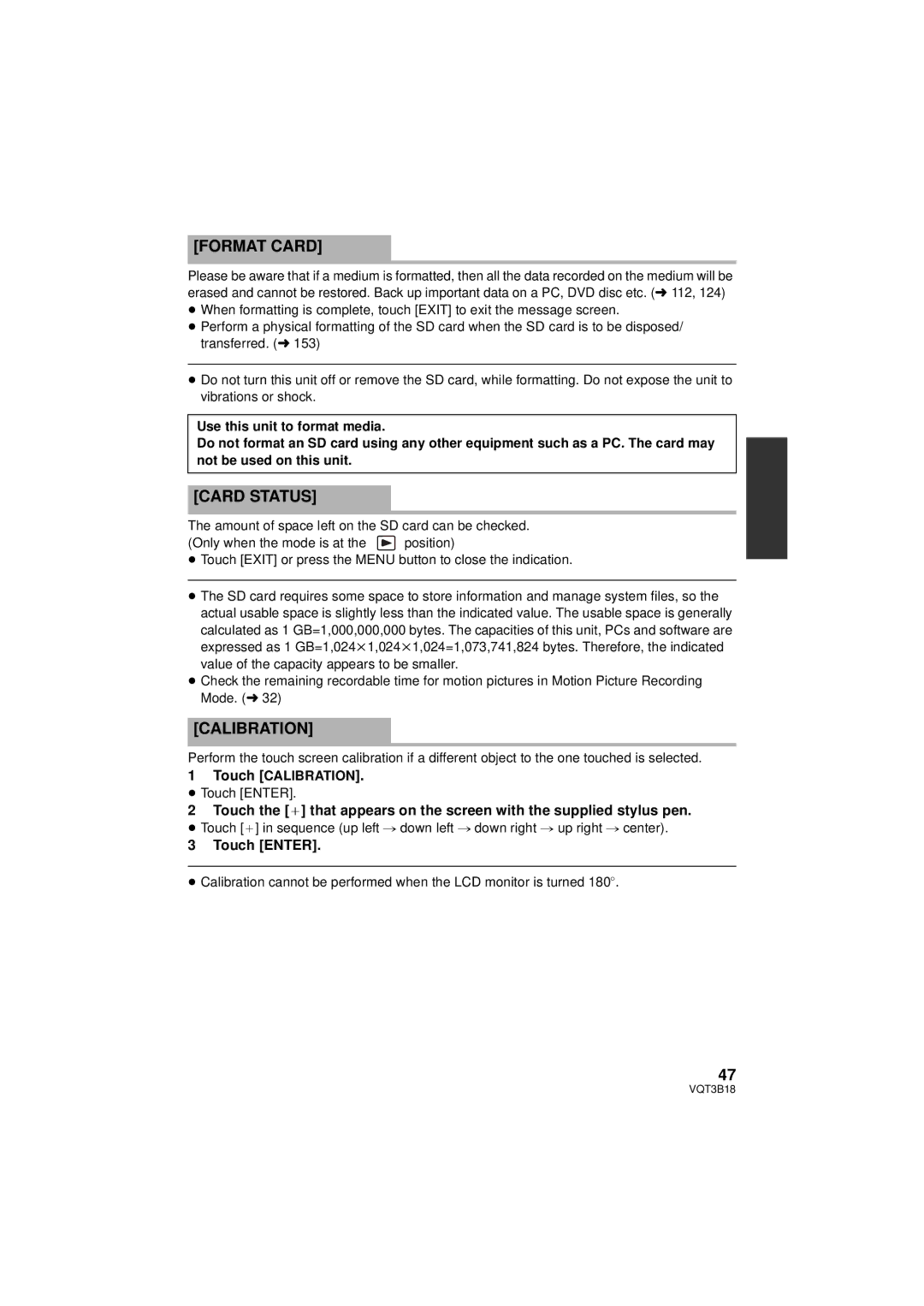 Panasonic HDC-SDT750K, HDC-SDT750PP operating instructions Format Card, Card Status, Touch Calibration 