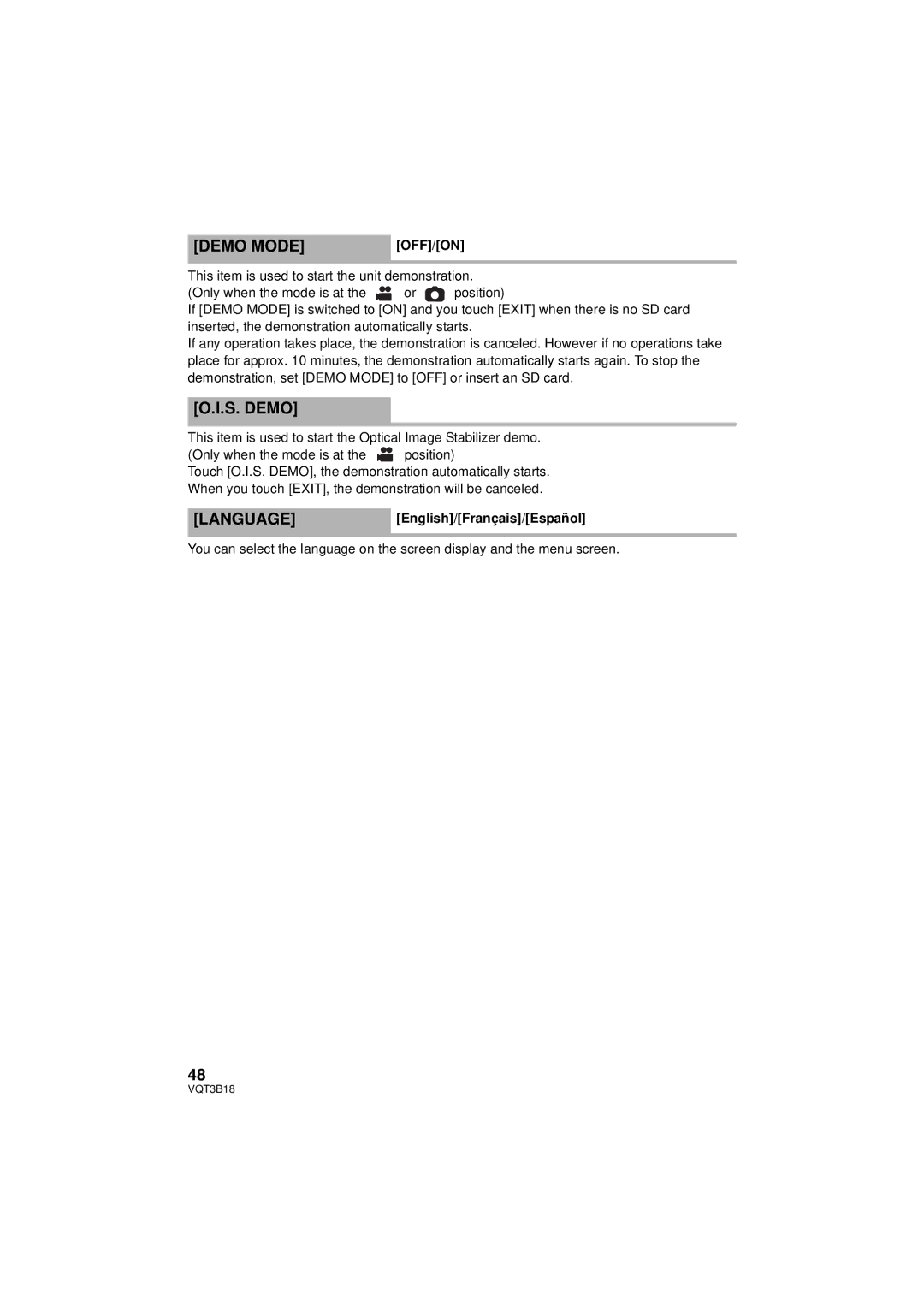 Panasonic HDC-SDT750PP, HDC-SDT750K operating instructions Demo Mode, S. Demo, LANGUAGEEnglish/Français/Español 