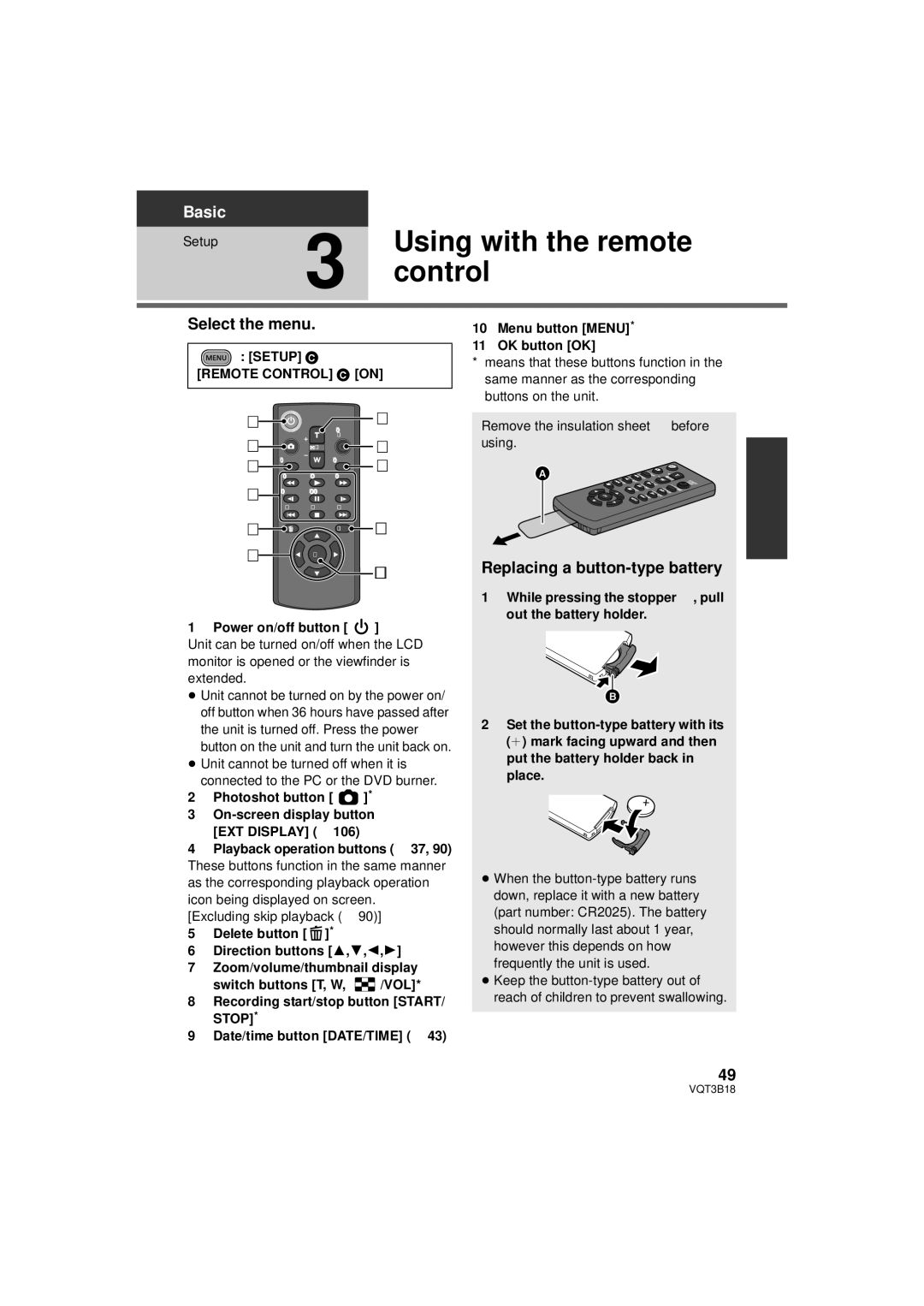 Panasonic HDC-SDT750K Using with the remote, Replacing a button-type battery, Setup # Remote Control # on 