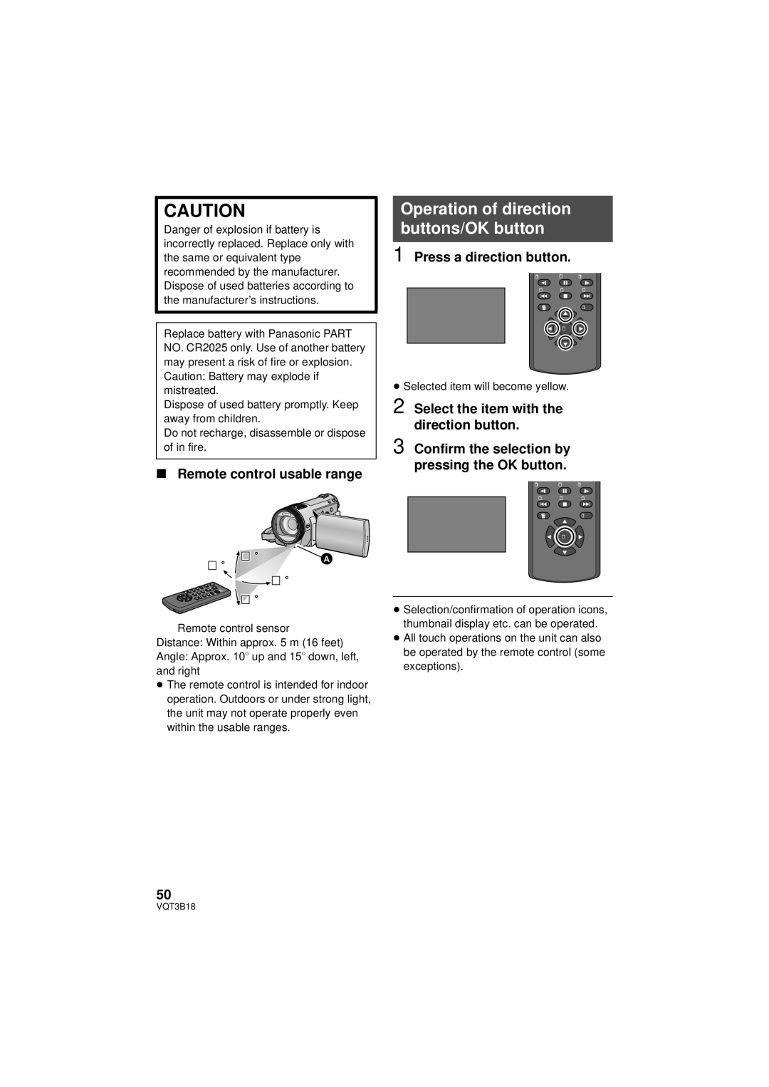 Panasonic HDC-SDT750PP Operation of direction buttons/OK button, Remote control usable range, Press a direction button 