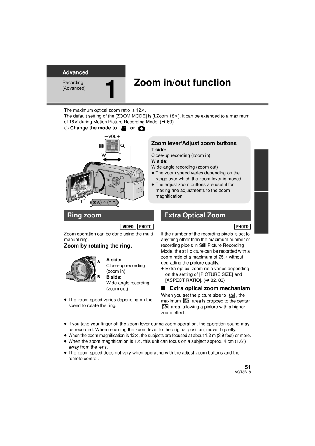 Panasonic HDC-SDT750K, HDC-SDT750PP Zoom in/out function, Ring zoom Extra Optical Zoom, Zoom lever/Adjust zoom buttons 