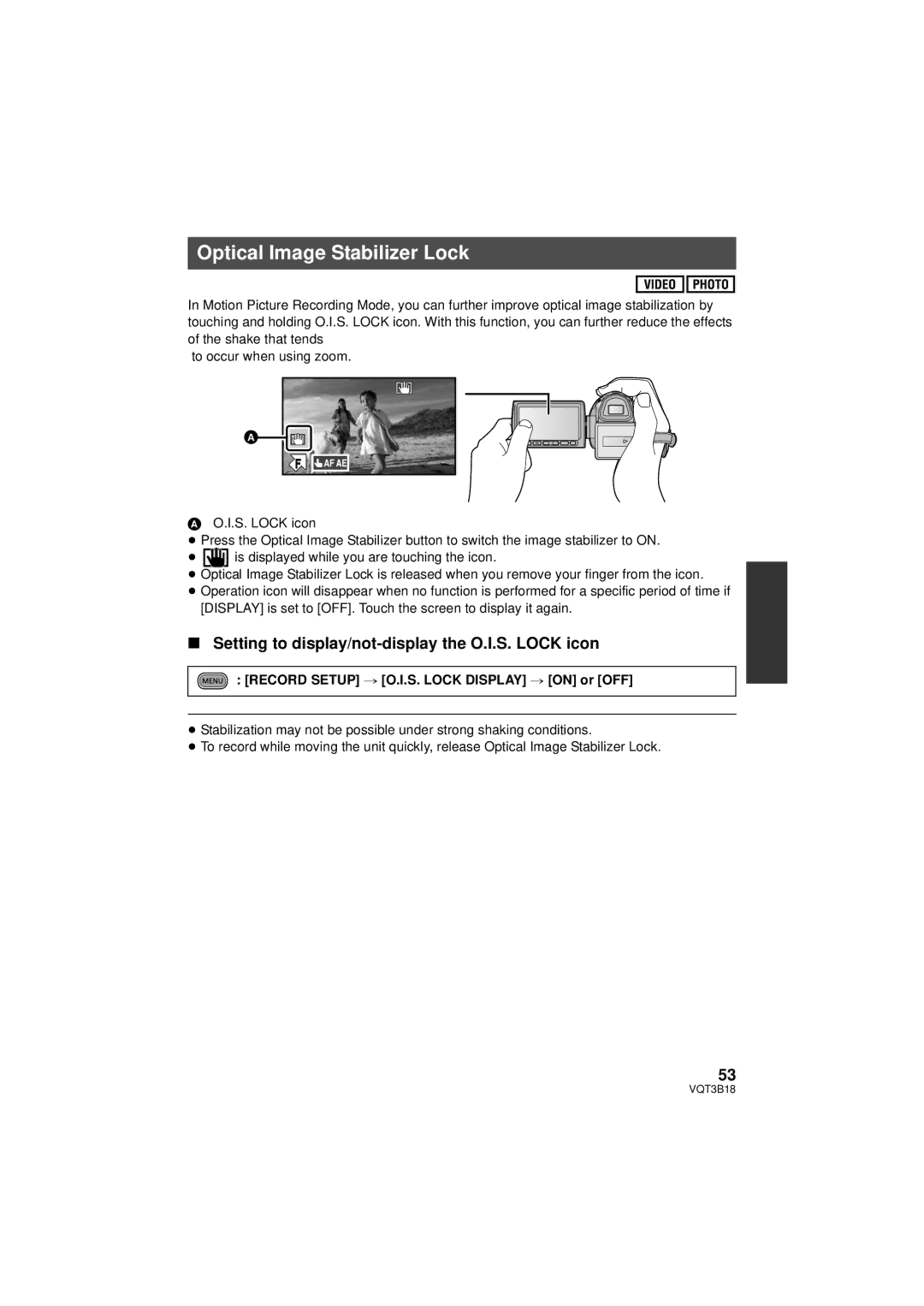 Panasonic HDC-SDT750K, HDC-SDT750PP Optical Image Stabilizer Lock, Setting to display/not-display the O.I.S. Lock icon 