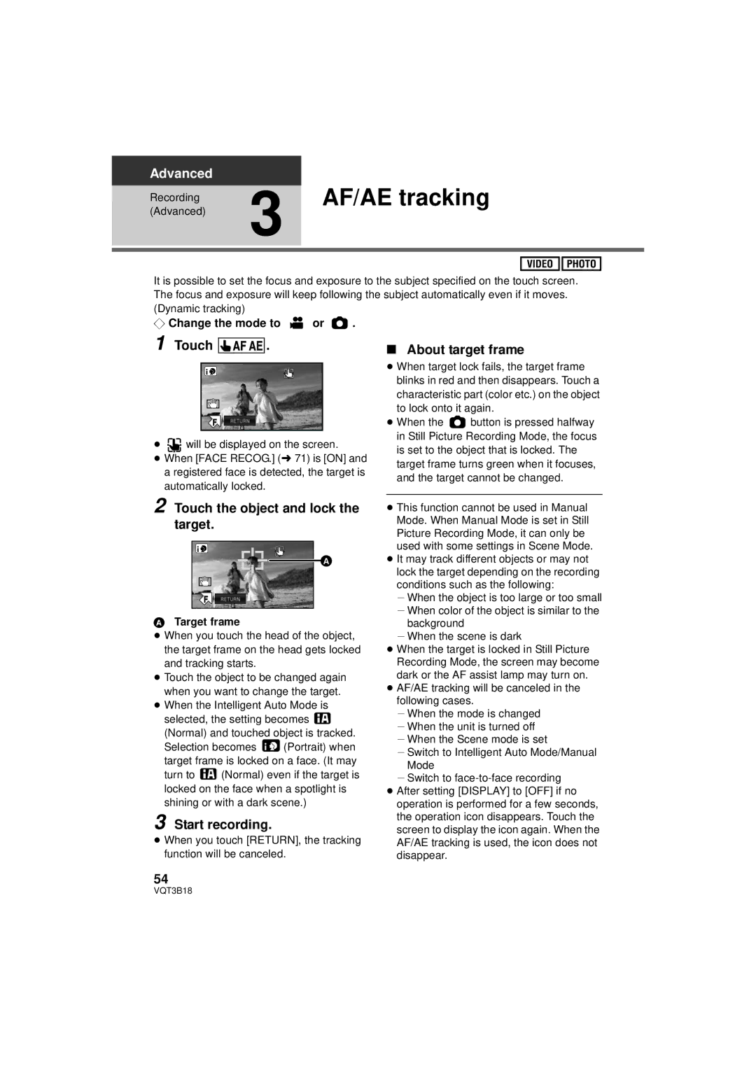 Panasonic HDC-SDT750PP AF/AE tracking, About target frame, Touch the object and lock the target, Start recording 