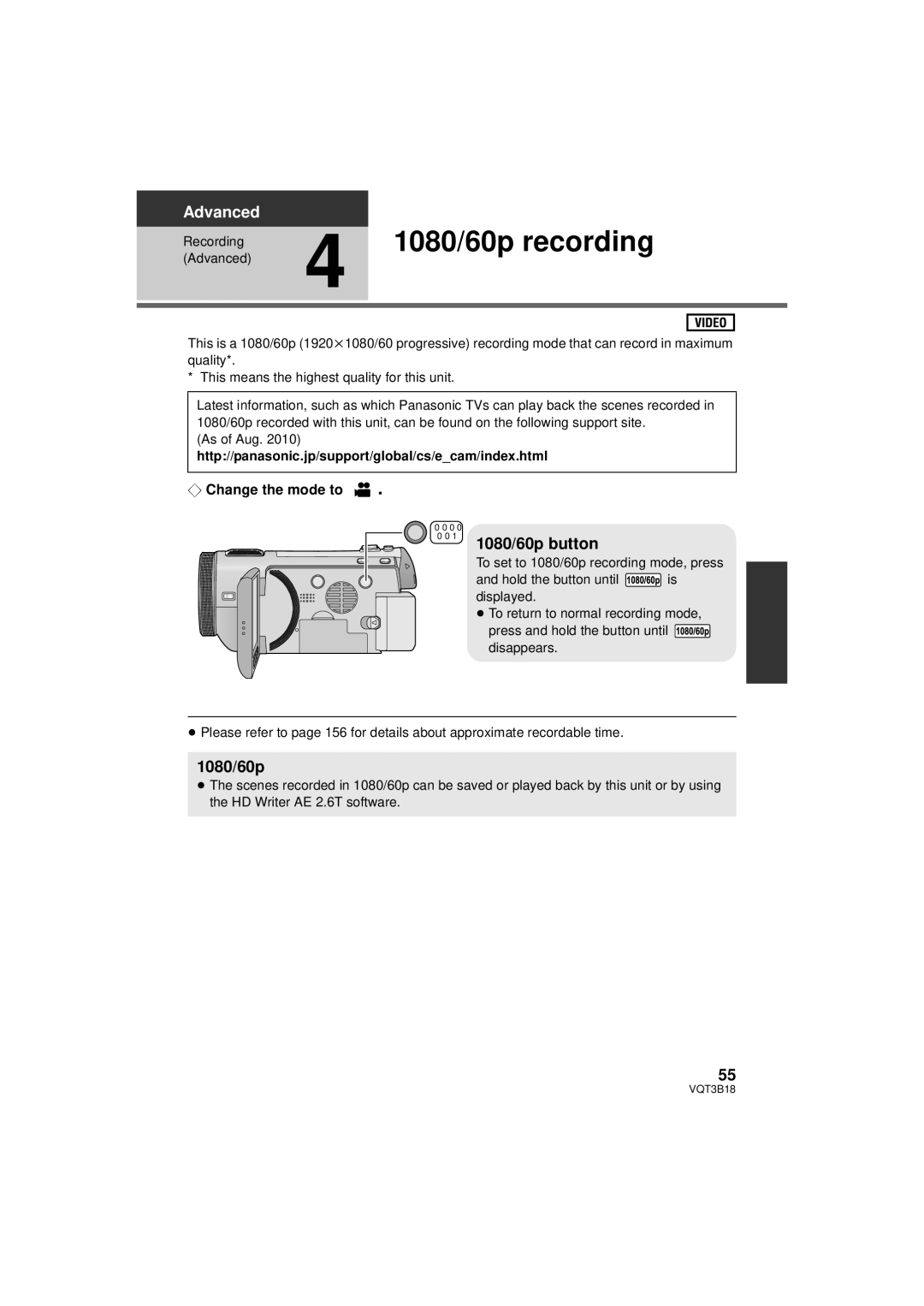 Panasonic HDC-SDT750K, HDC-SDT750PP operating instructions 1080/60p recording, 1080/60p button 