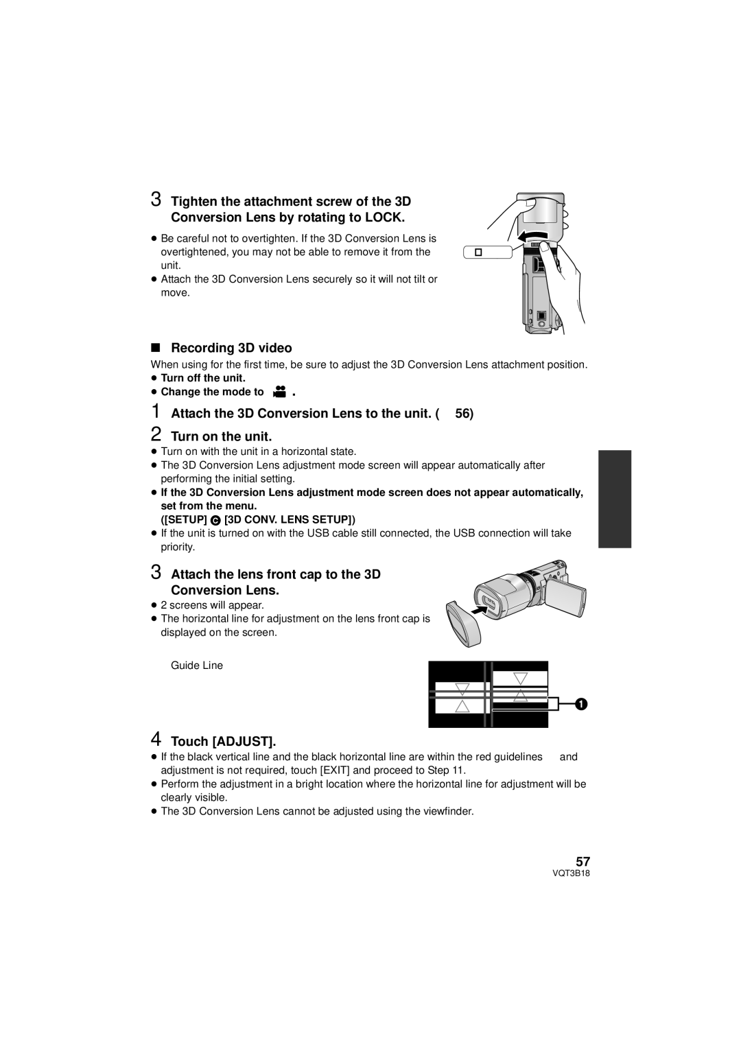 Panasonic HDC-SDT750K, HDC-SDT750PP Recording 3D video, Attach the 3D Conversion Lens to the unit. l, Touch Adjust 