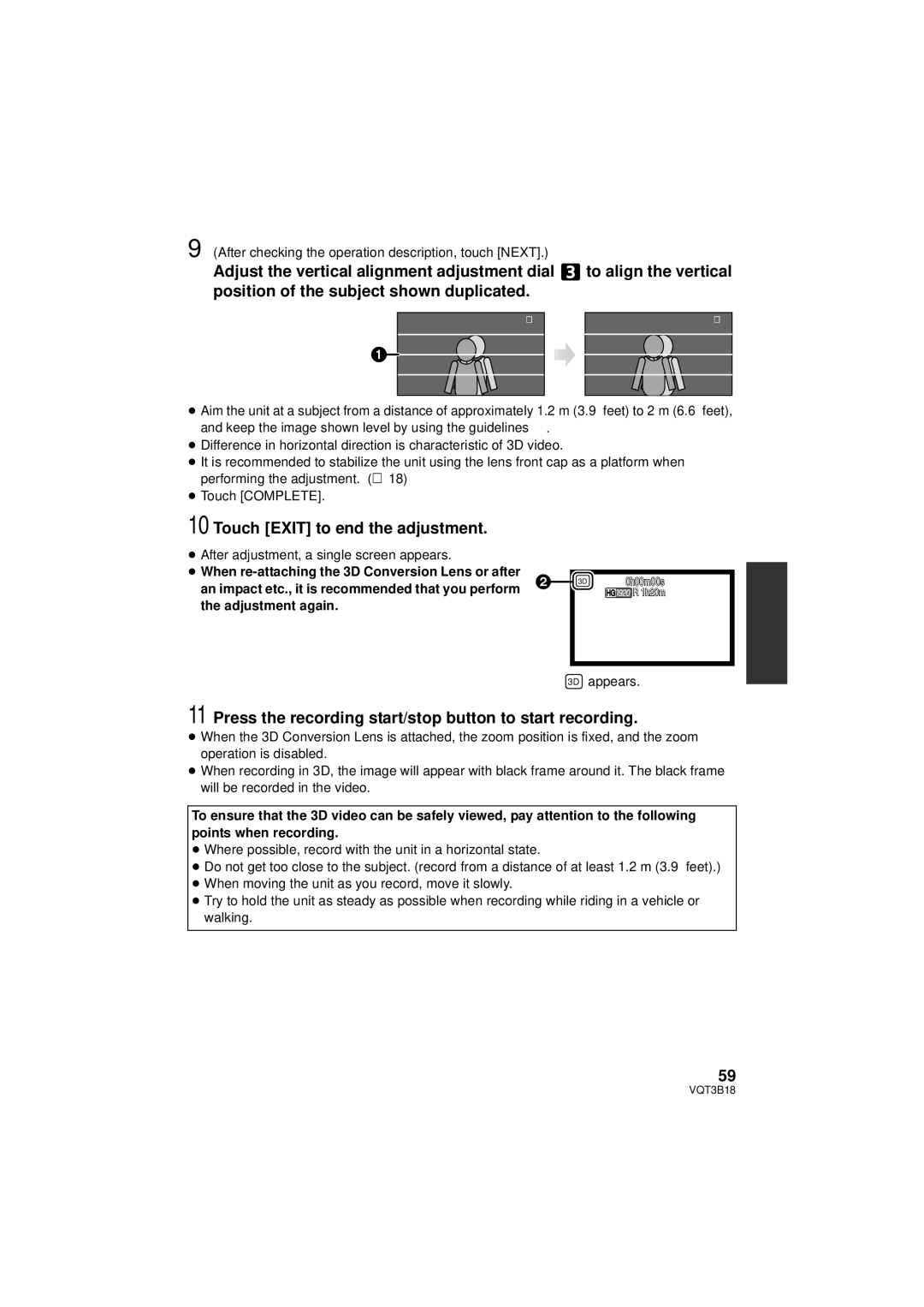 Panasonic HDC-SDT750K, HDC-SDT750PP operating instructions Touch Exit to end the adjustment, 3D appears 