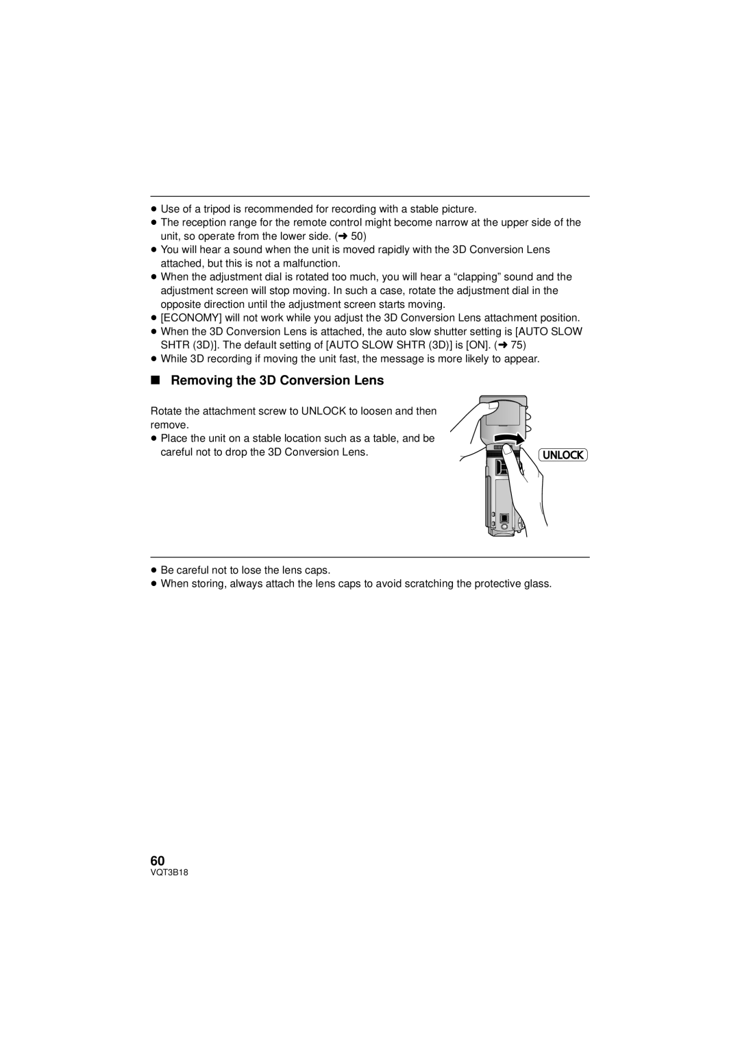 Panasonic HDC-SDT750PP, HDC-SDT750K operating instructions Removing the 3D Conversion Lens 