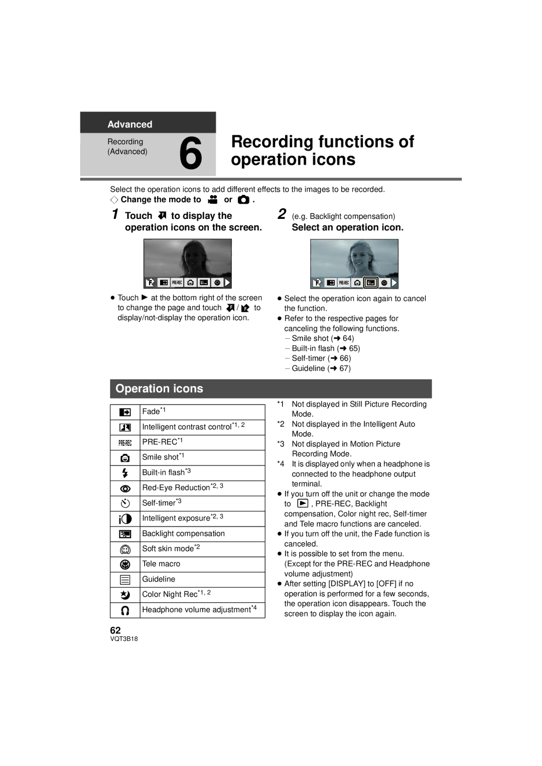 Panasonic HDC-SDT750PP, HDC-SDT750K operating instructions Recording functions, Operation icons, Touch F to display 