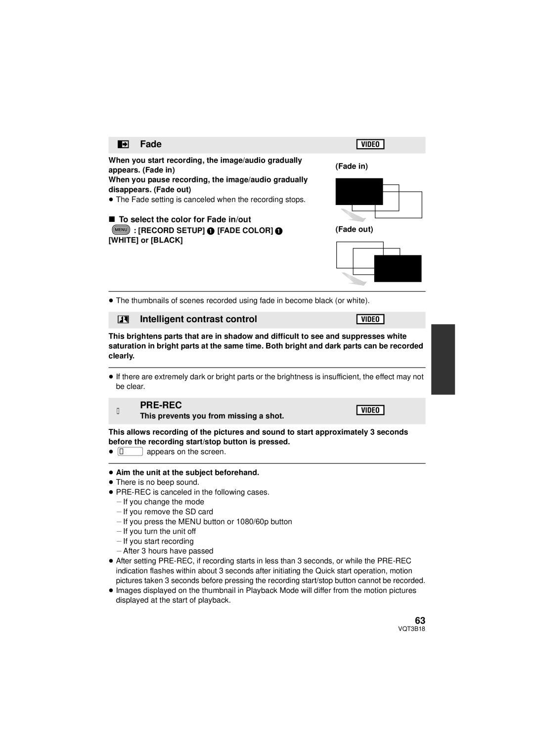 Panasonic HDC-SDT750K, HDC-SDT750PP Intelligent contrast control, Pre-Rec, To select the color for Fade in/out 