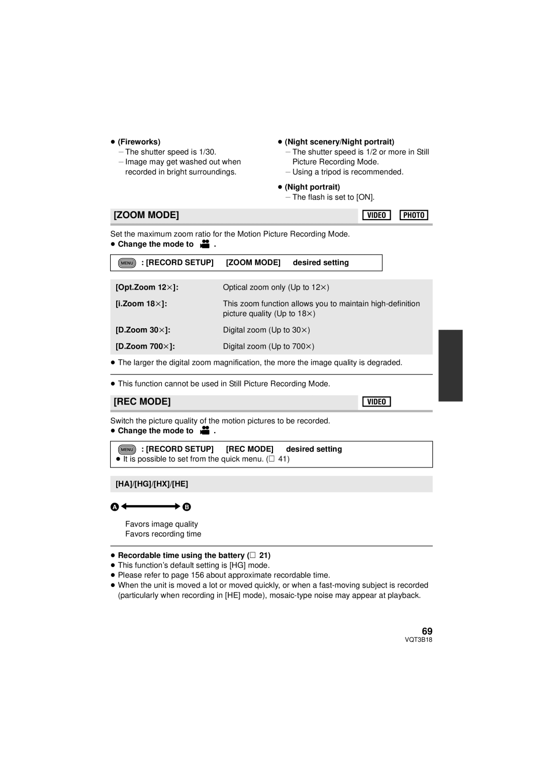 Panasonic HDC-SDT750K, HDC-SDT750PP operating instructions Zoom Mode, REC Mode,   