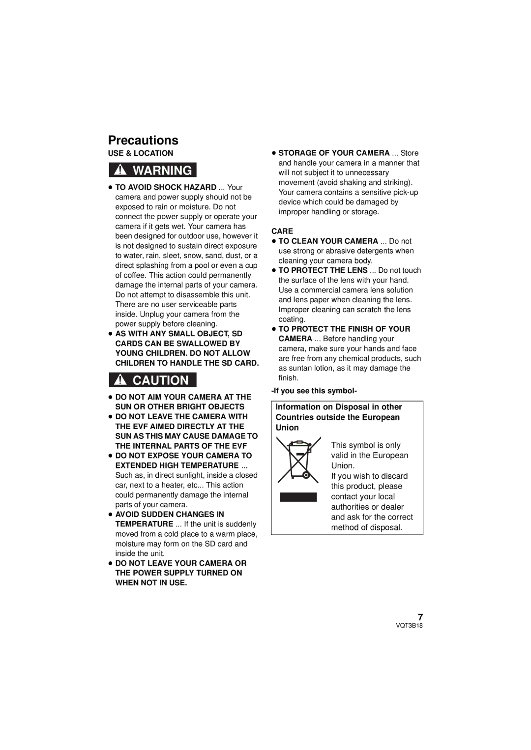 Panasonic HDC-SDT750K, HDC-SDT750PP operating instructions USE & Location, Care 