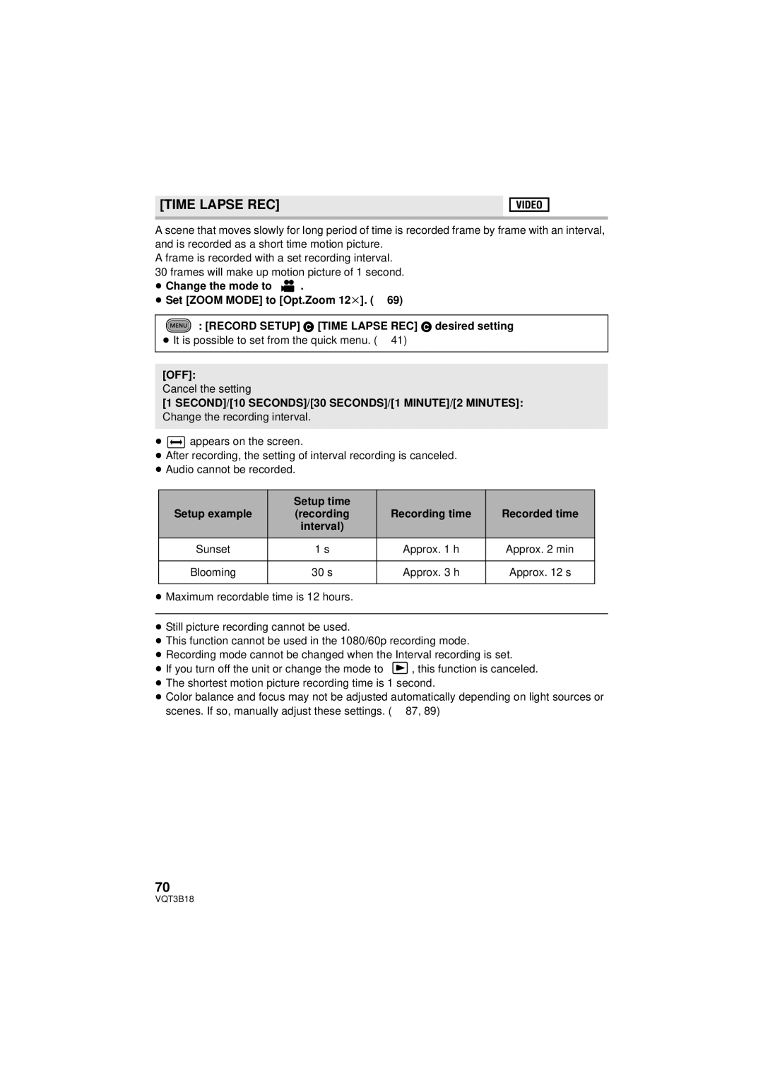 Panasonic HDC-SDT750PP, HDC-SDT750K operating instructions Time Lapse REC, Setup time, 30 s 