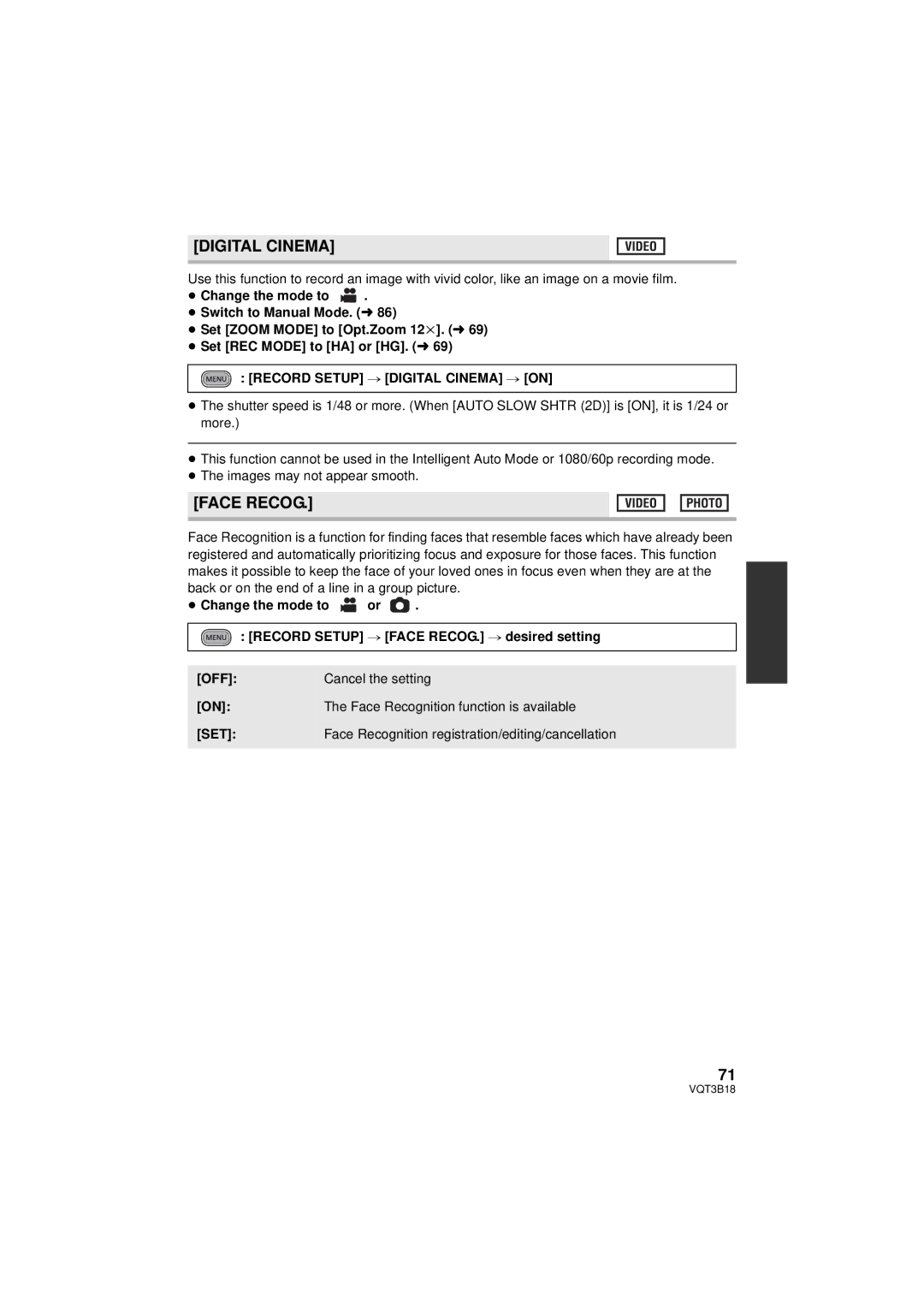 Panasonic HDC-SDT750K, HDC-SDT750PP operating instructions Face Recog, Record Setup # Digital Cinema # on 