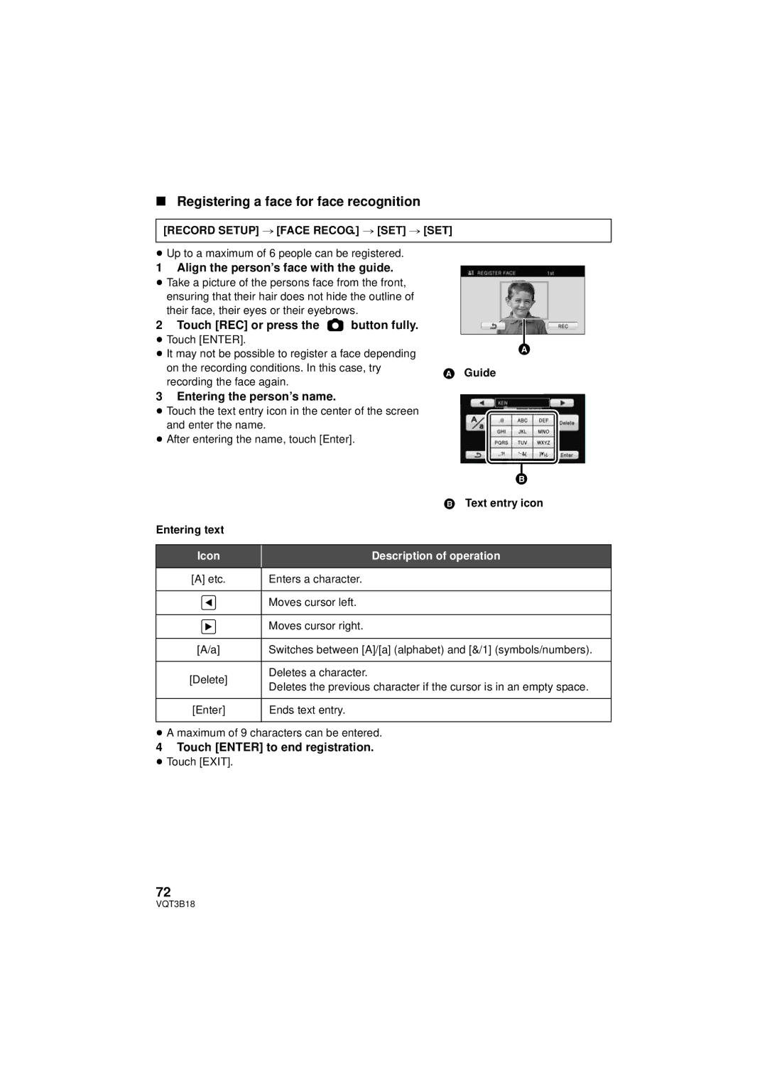 Panasonic HDC-SDT750PP, HDC-SDT750K Registering a face for face recognition, Align the person’s face with the guide 