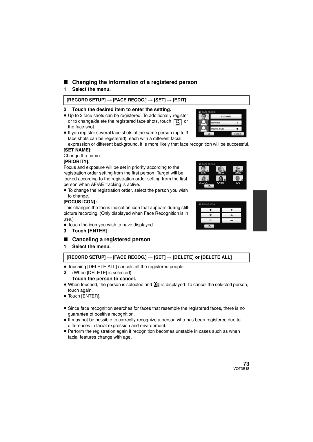 Panasonic HDC-SDT750K Changing the information of a registered person, Canceling a registered person, Select the menu 