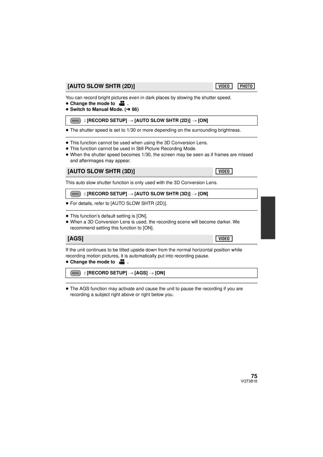 Panasonic HDC-SDT750K, HDC-SDT750PP operating instructions Auto Slow Shtr 2D, Auto Slow Shtr 3D, Ags 