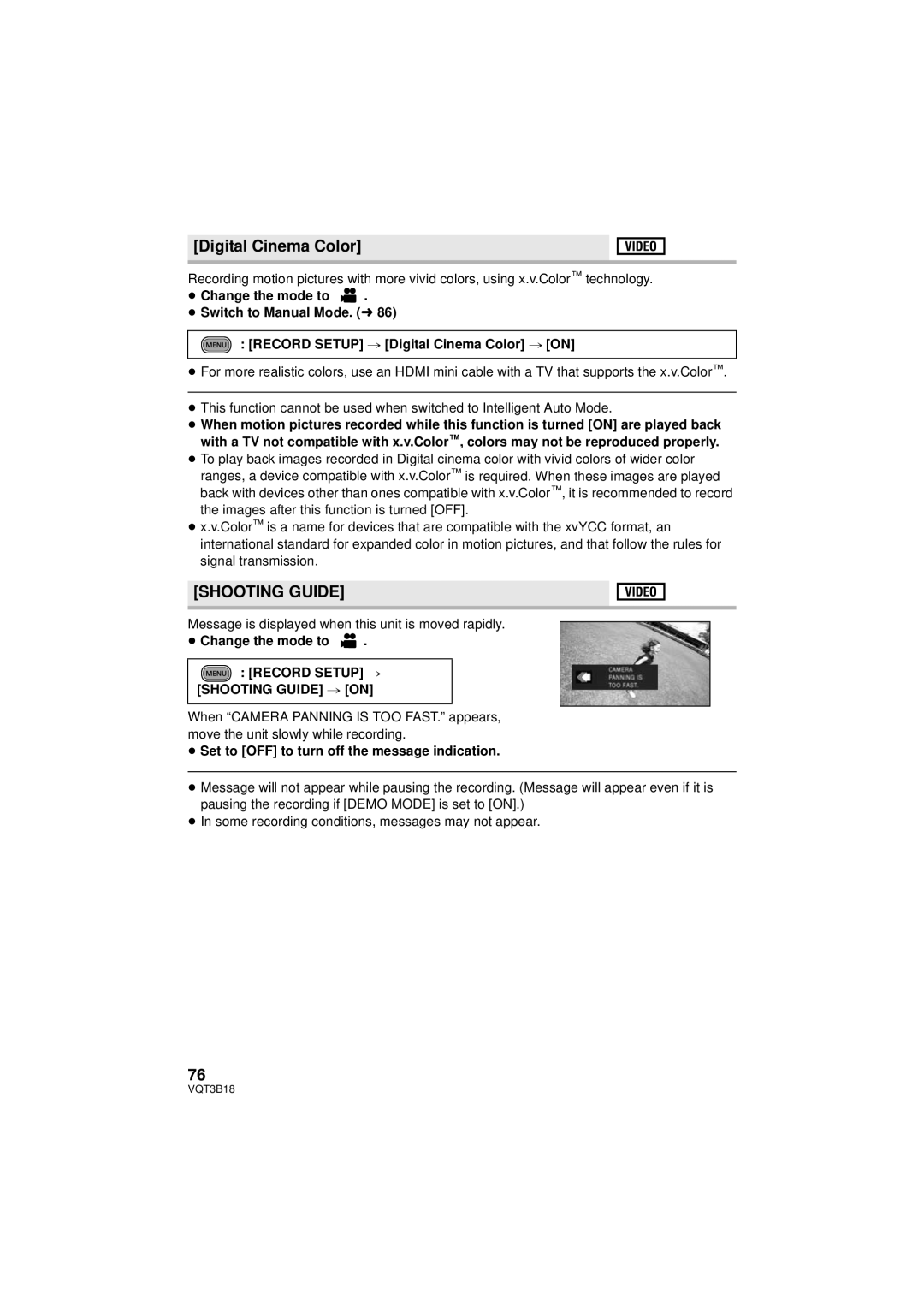 Panasonic HDC-SDT750PP Digital Cinema Color, Shooting Guide, Message is displayed when this unit is moved rapidly 