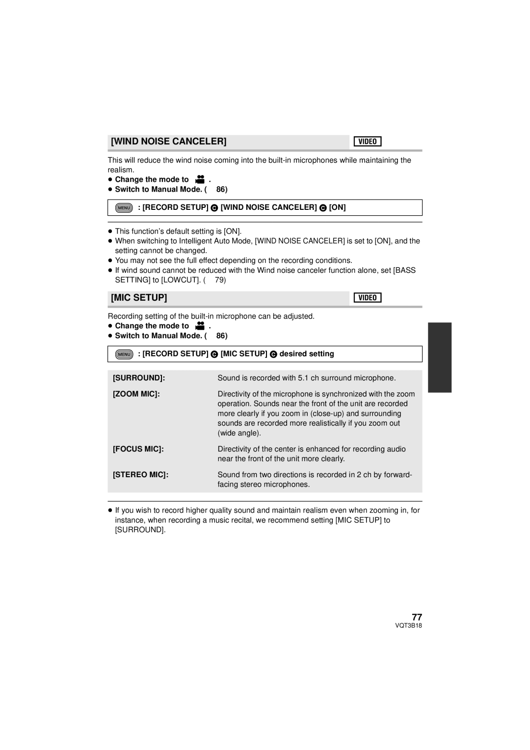 Panasonic HDC-SDT750K, HDC-SDT750PP operating instructions Wind Noise Canceler, MIC Setup 