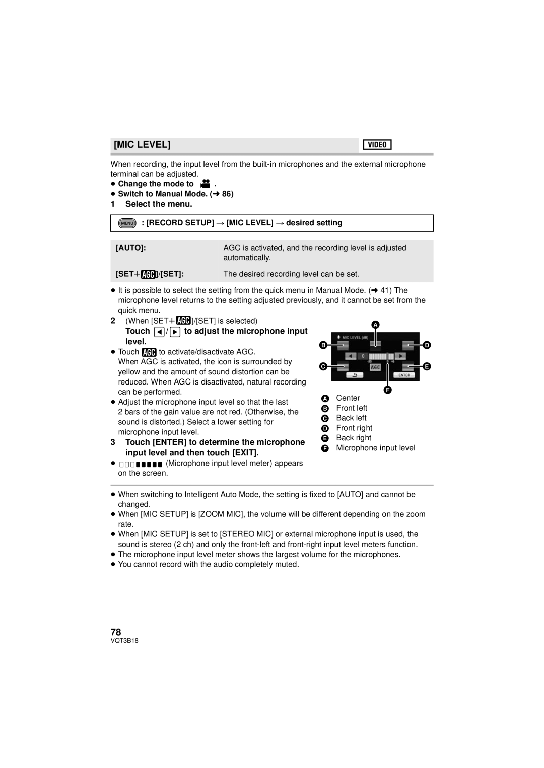 Panasonic HDC-SDT750PP, HDC-SDT750K MIC Level, Touch / to adjust the microphone input level, Auto, SETr 