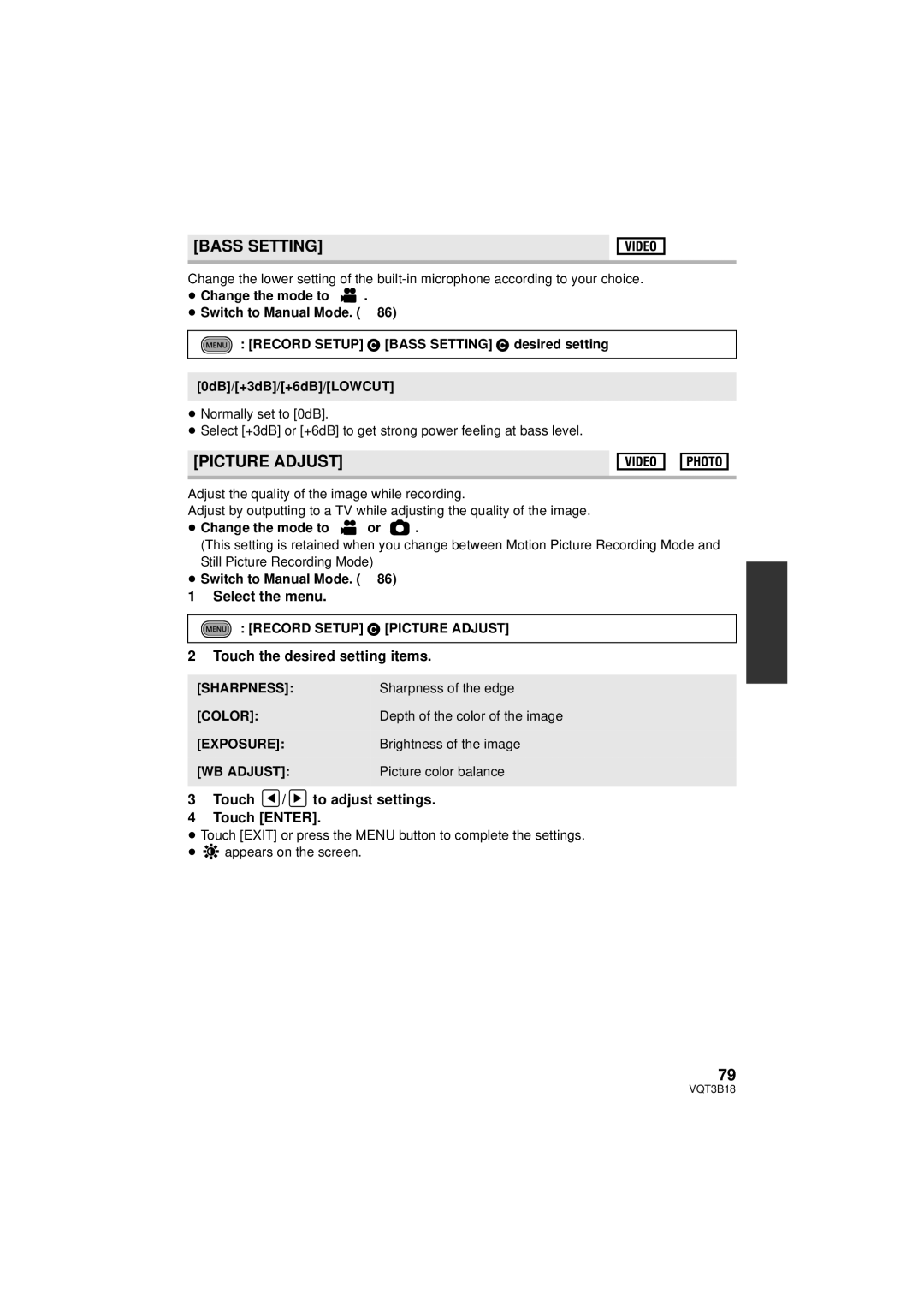 Panasonic HDC-SDT750K, HDC-SDT750PP operating instructions Bass Setting, Picture Adjust, Touch the desired setting items 