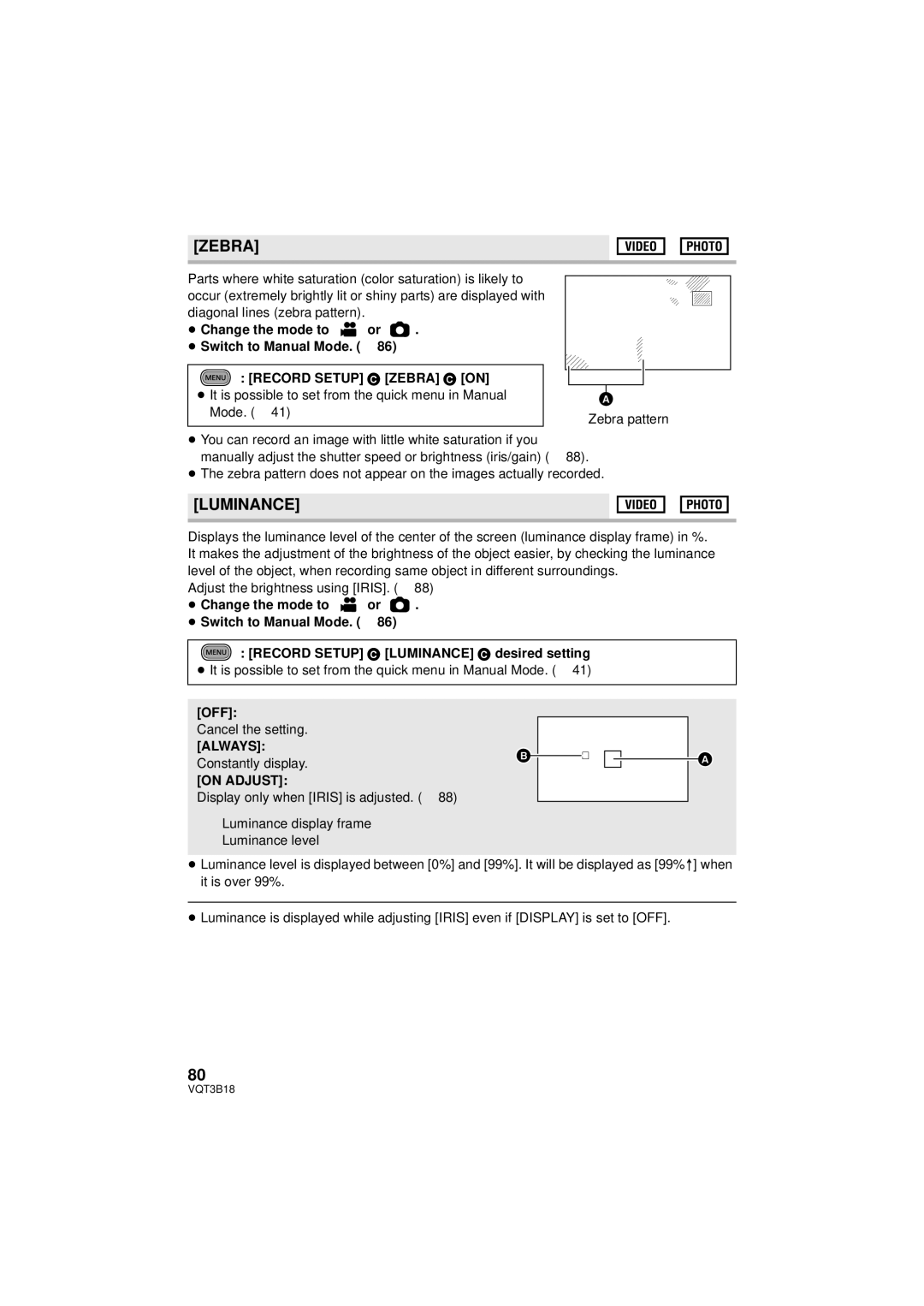 Panasonic HDC-SDT750PP, HDC-SDT750K operating instructions Luminance, Record Setup # Zebra # on, Always, On Adjust 