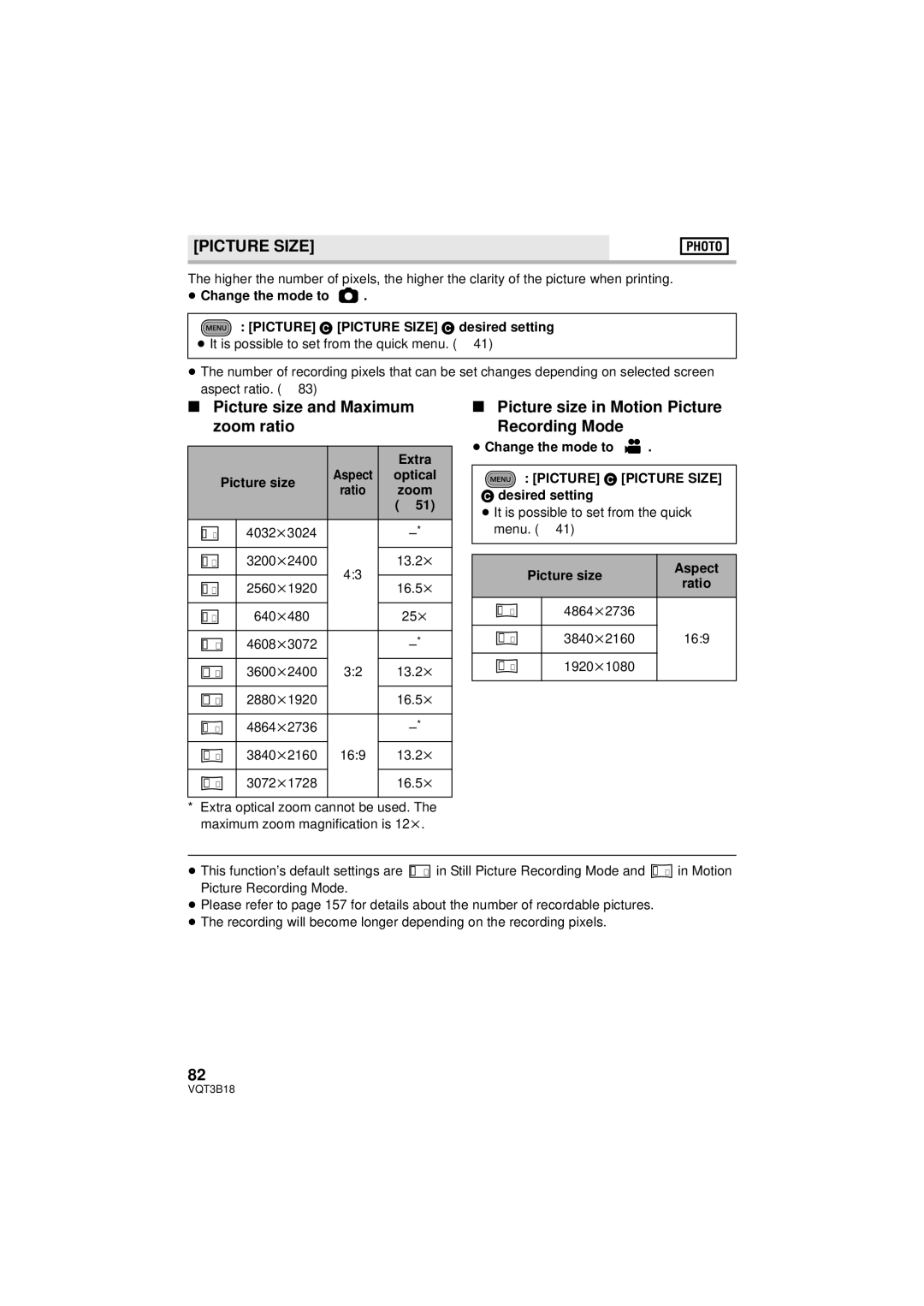 Panasonic HDC-SDT750PP Picture Size, Picture size and Maximum zoom ratio, Picture size in Motion Picture Recording Mode 