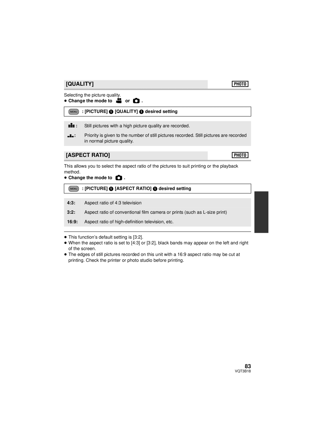 Panasonic HDC-SDT750K, HDC-SDT750PP operating instructions Quality, Aspect Ratio, Selecting the picture quality 