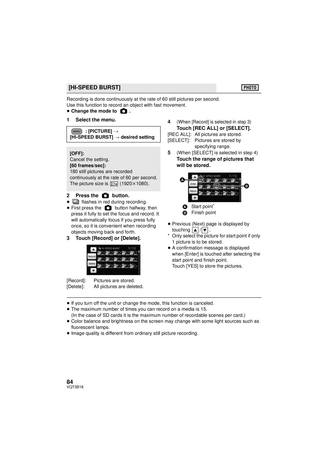 Panasonic HDC-SDT750PP, HDC-SDT750K HI-SPEED Burst, Press the button, Touch Record or Delete, Touch REC ALL or Select 