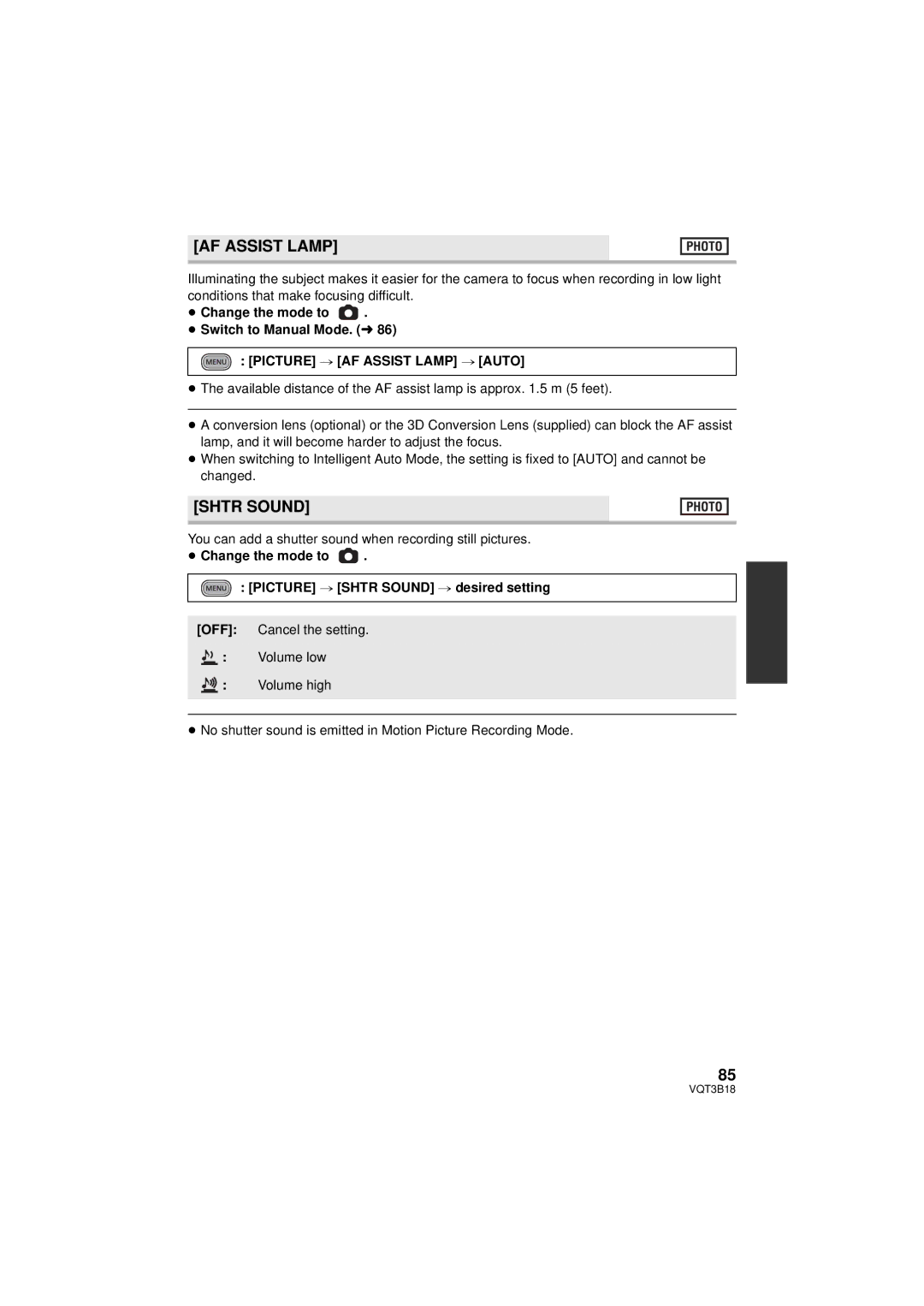 Panasonic HDC-SDT750K, HDC-SDT750PP operating instructions Shtr Sound, Picture # AF Assist Lamp # Auto 