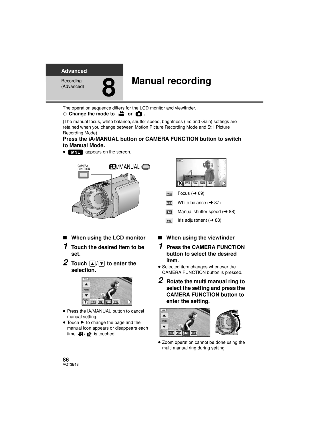 Panasonic HDC-SDT750PP, HDC-SDT750K operating instructions Manual recording, ≥ MNL appears on the screen 