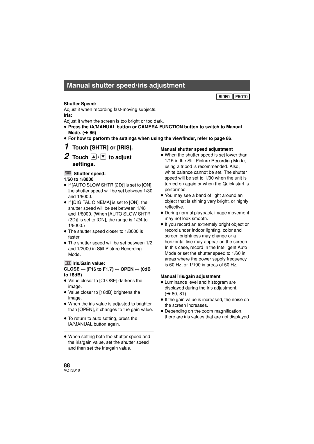 Panasonic HDC-SDT750PP, HDC-SDT750K Manual shutter speed/iris adjustment, Touch Shtr or Iris Touch / to adjust settings 