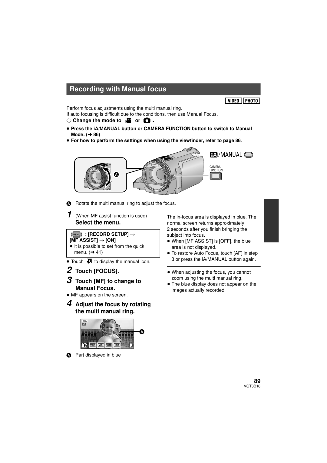 Panasonic HDC-SDT750K Recording with Manual focus, Touch MF to change to Manual Focus, Record Setup # MF Assist # on 