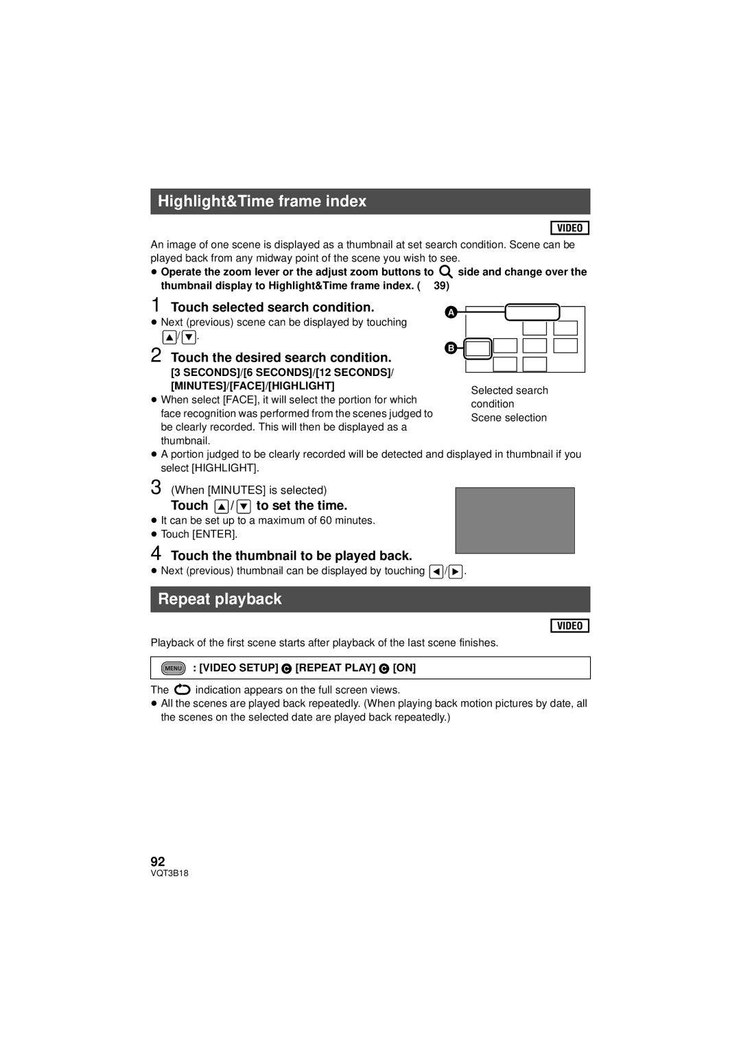 Panasonic HDC-SDT750PP, HDC-SDT750K operating instructions Highlight&Time frame index, Repeat playback 