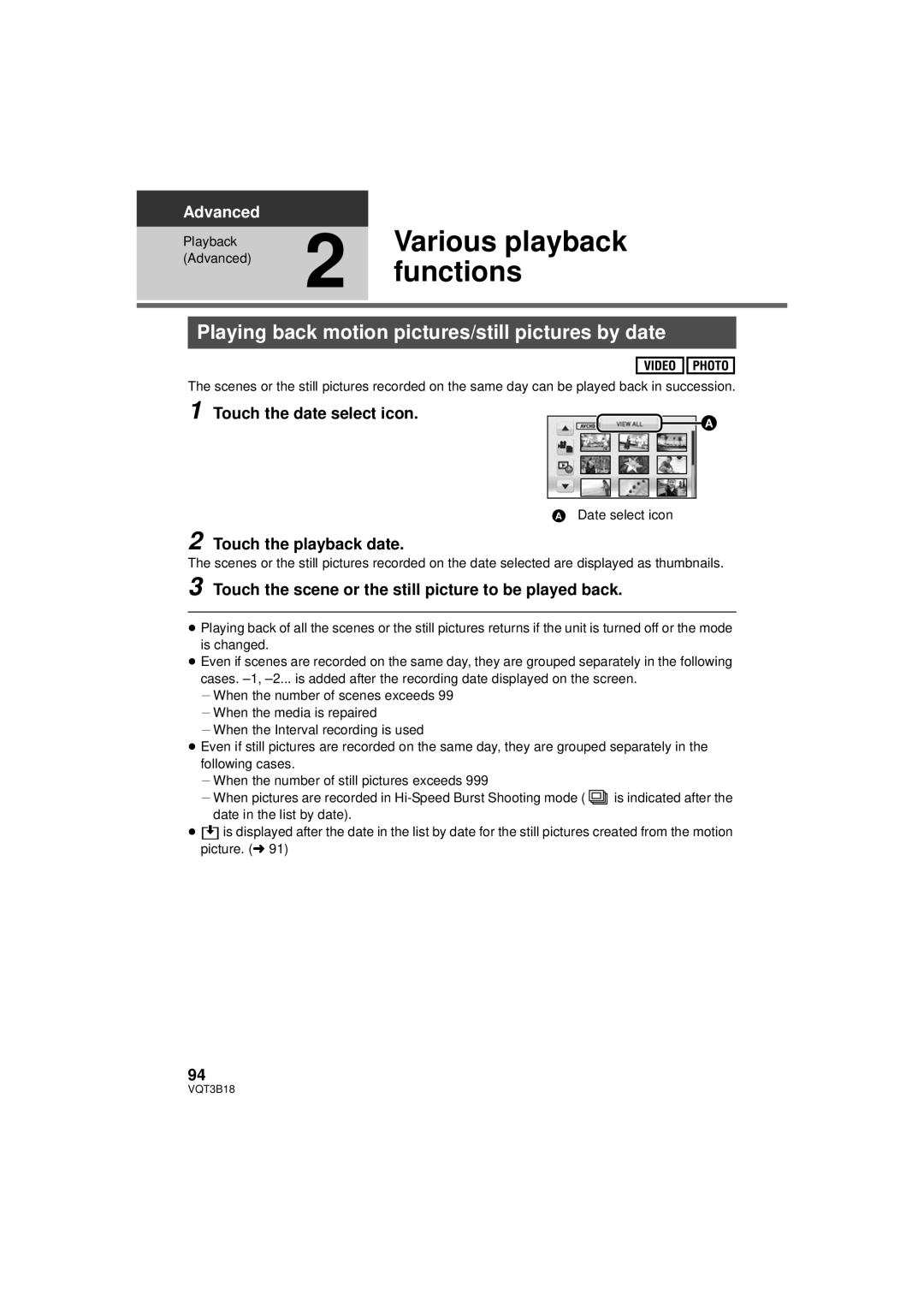 Panasonic HDC-SDT750PP, HDC-SDT750K Various playback, Functions, Playing back motion pictures/still pictures by date 