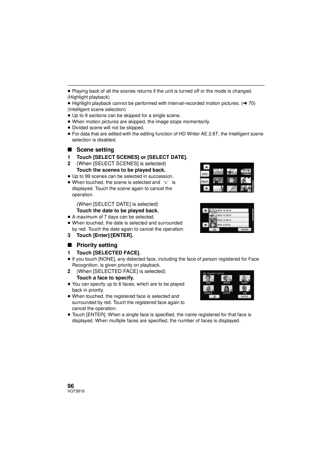 Panasonic HDC-SDT750PP, HDC-SDT750K operating instructions Scene setting, Priority setting 