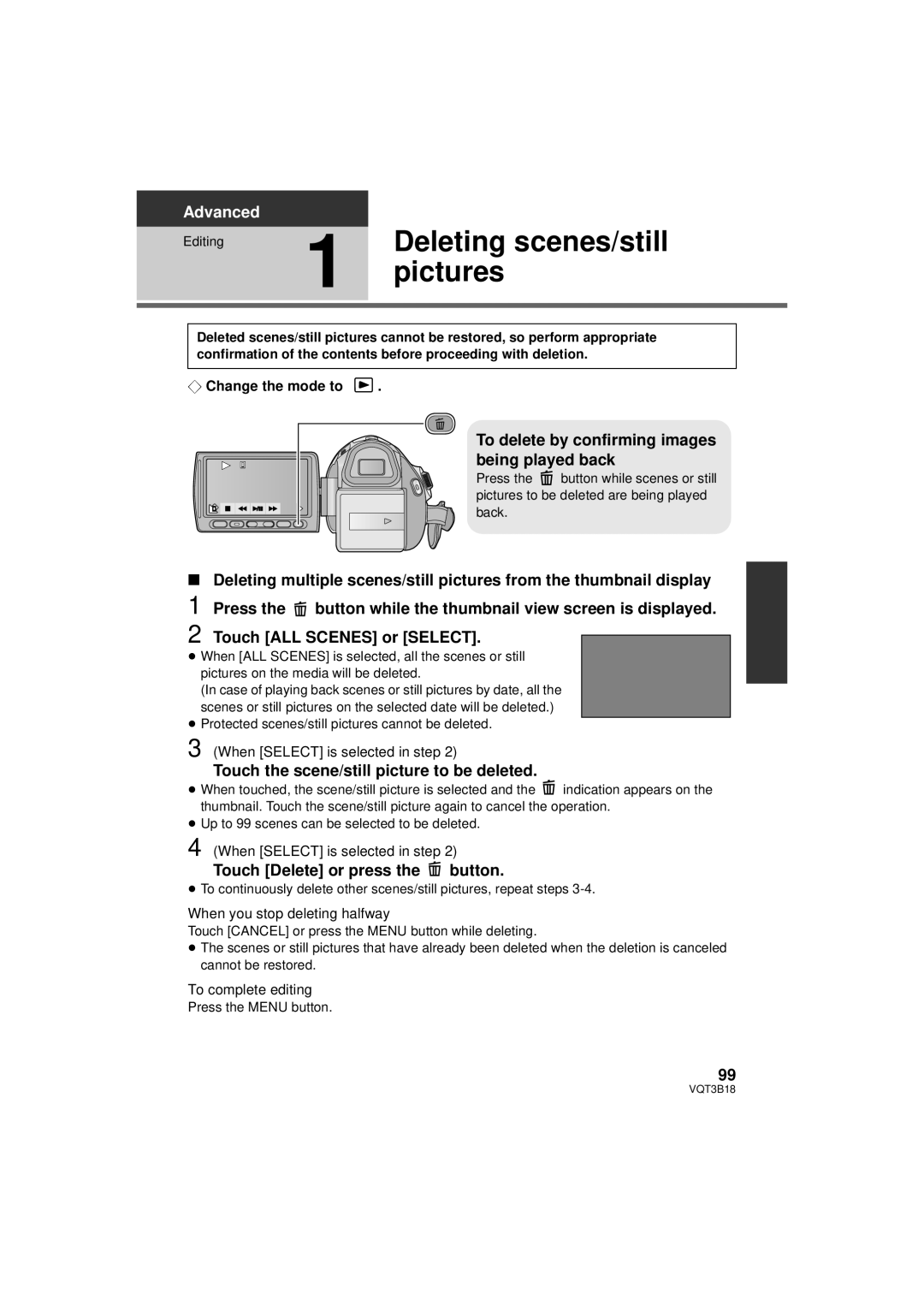 Panasonic HDC-SDT750K, HDC-SDT750PP Deleting scenes/still, To delete by confirming images being played back 