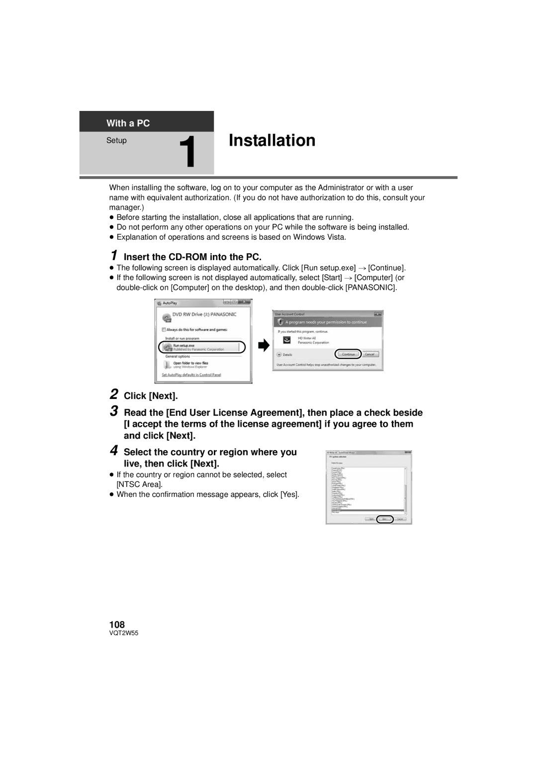 Panasonic HDC-SDX1P operating instructions Installation, Insert the CD-ROM into the PC, 108 