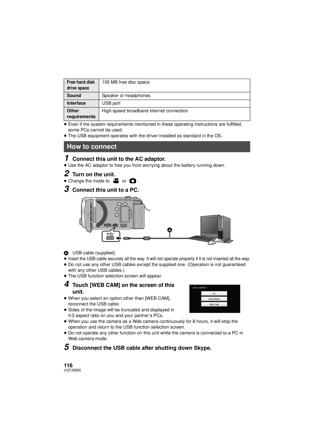 Panasonic HDC-SDX1P operating instructions How to connect, Touch WEB CAM on the screen of this unit, MB free disc space 